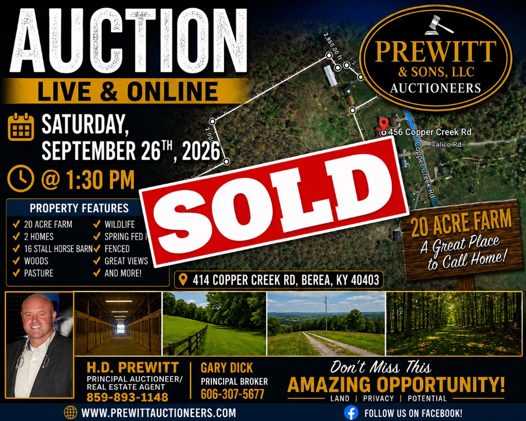 Sold flyer for the 20 acre farm at 414 Copper Creek Road in Berea